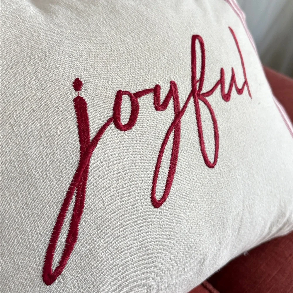 Prairie Rachel Ashwell Joyful Embroidered Holiday Throw Pillow Red Natural 18x11